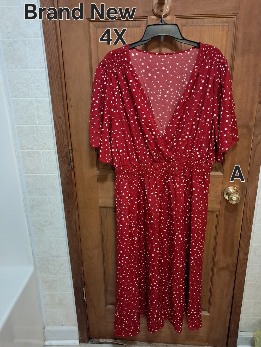 4X Red Polka Dot V-Neck Smocked Waist Dress